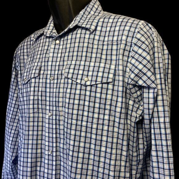 Wrangler Mens 2XL Blue Plaid Long Sleeve Pearl Snap Button Up Western Shirt‎ - Picture 2 of 13